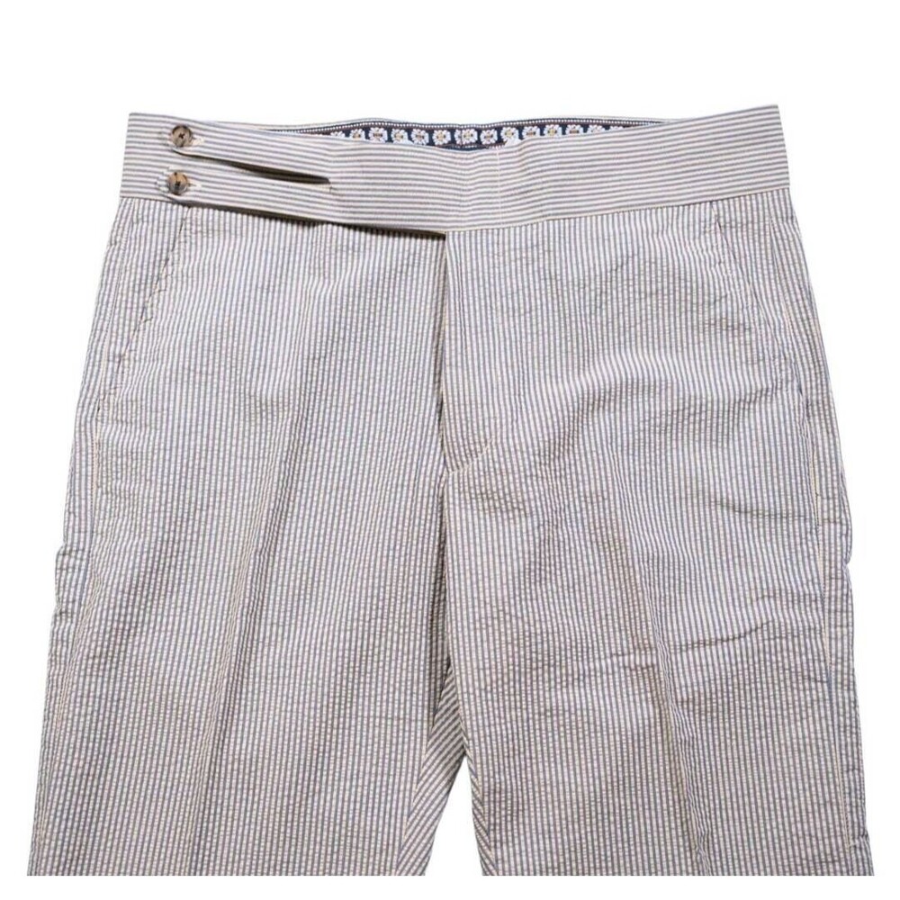 Mens Gurkha Pants Beige Blue Striped Seersucker Slim Straight Chino Trousers 36 - Picture 4 of 7